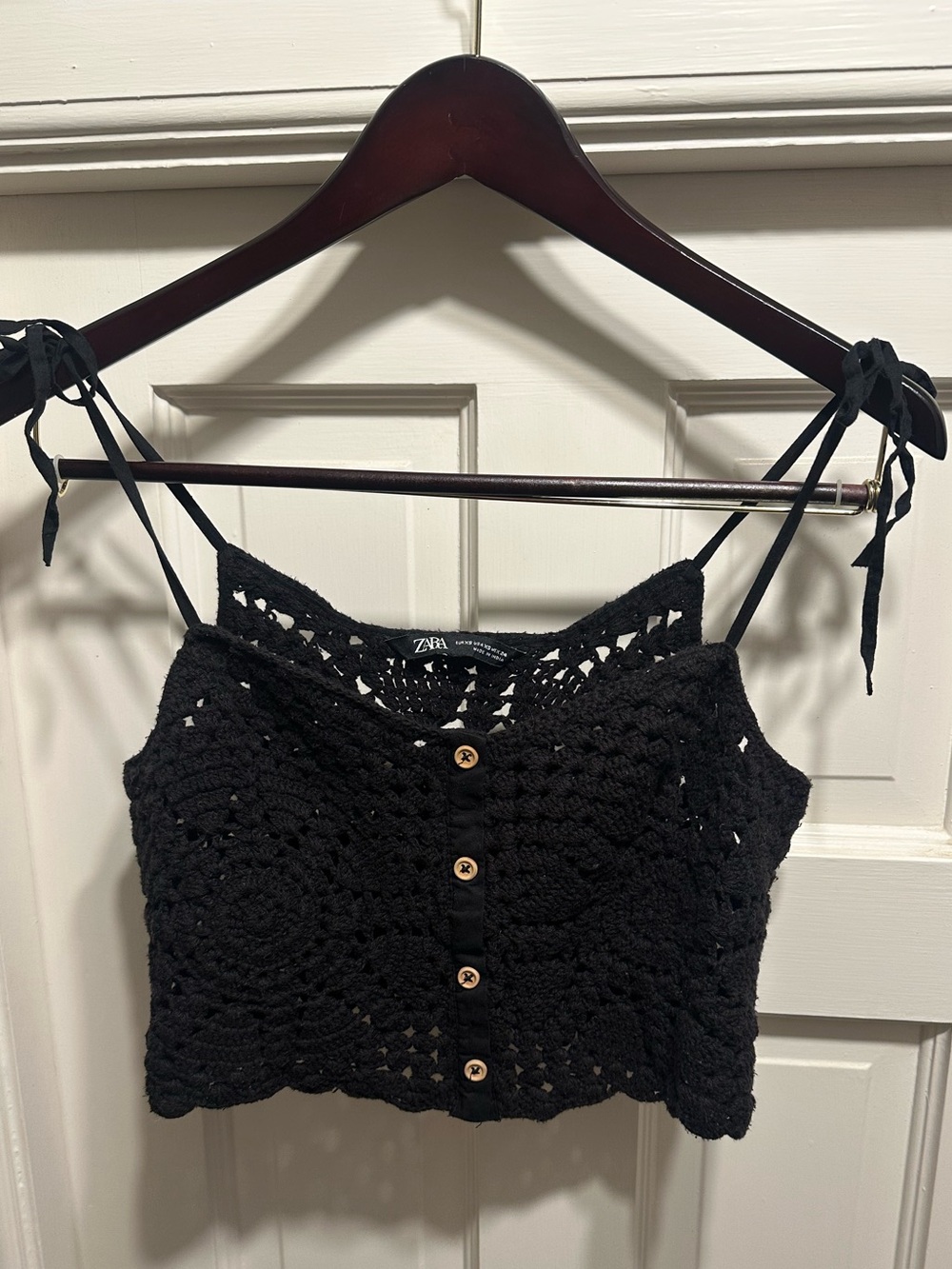 Zara Black Crochet Tie-Shoulder Crop Camisole